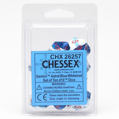 A clear package holds a Gemini d10 Dice 10-Piece Set, featuring speckled blue, white, and red dice with a blue label on the front