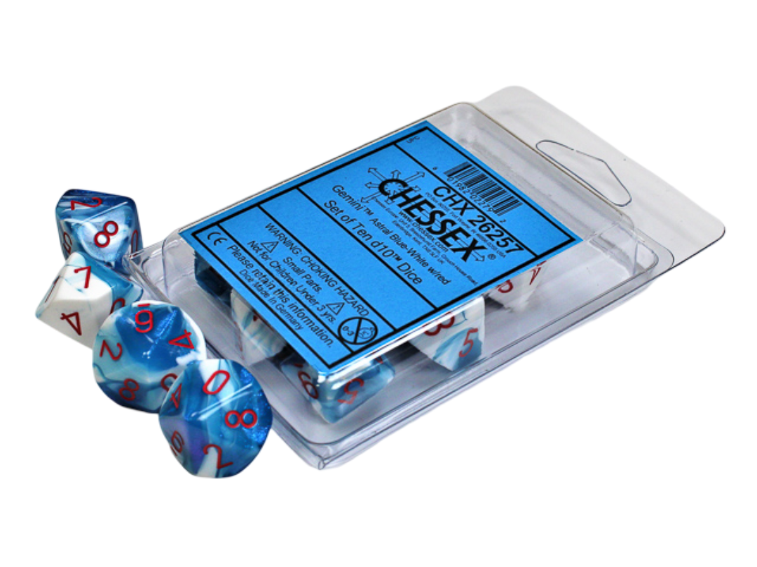 A Chessex Gemini d10 Dice set in a clear plastic package with several blue and white swirled dice with red numbers spilling out