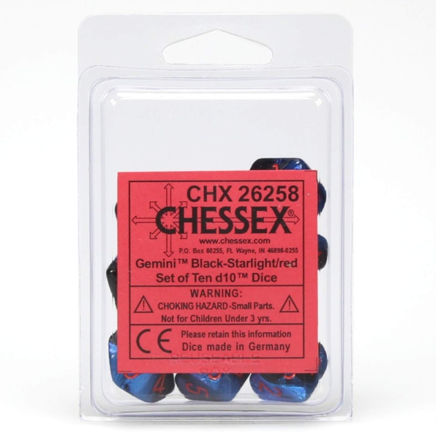 A clear plastic package contains a Gemini d10 Dice 10-Piece Set of black-starlight blue dice with red numbers and a red product information label