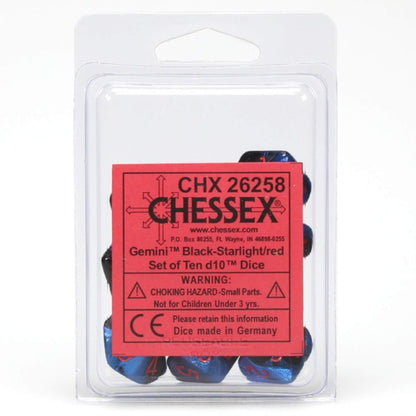A clear plastic package contains a Gemini d10 Dice 10-Piece Set of black-starlight blue dice with red numbers and a red product information label
