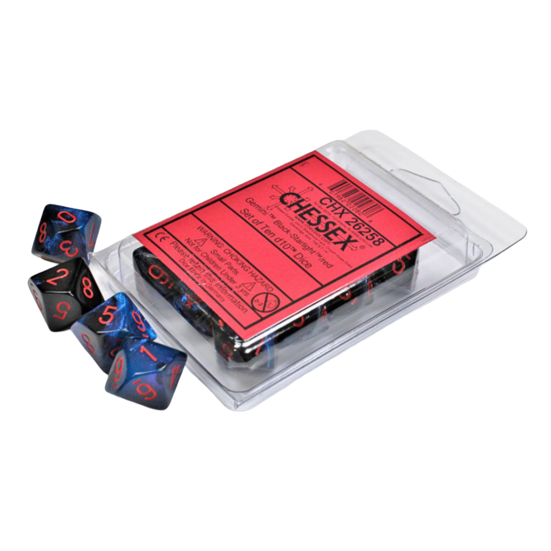 A Gemini d10 Dice 10-Piece Set in Black-Starlight Red, with some dice out of the clear plastic package showing their red numbers