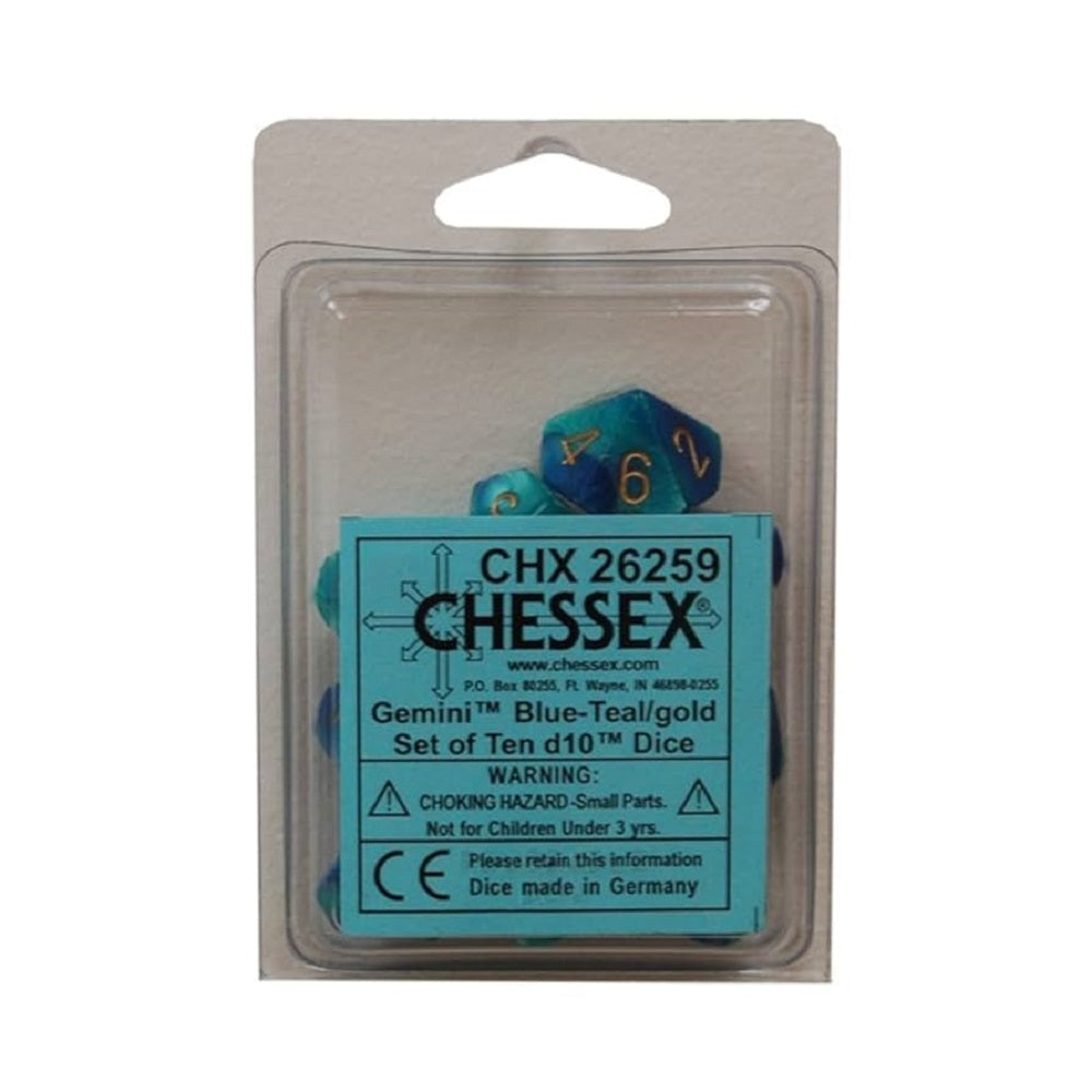 A clear plastic package contains a set of ten Gemini d10 dice in blue-teal and gold, with a turquoise label inside