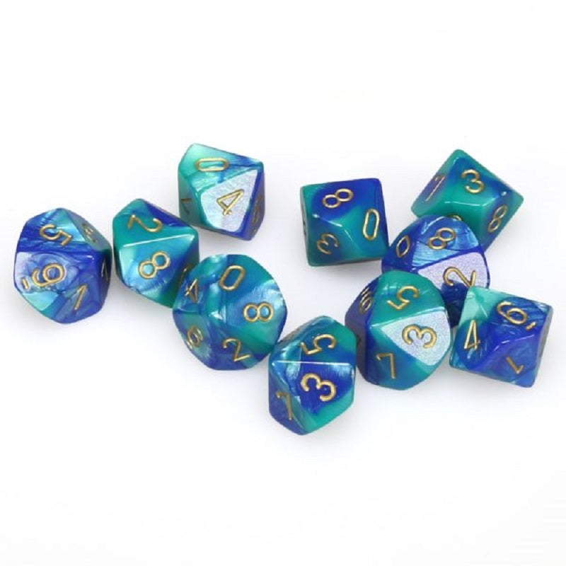 A set of ten blue and teal swirled d10 dice with gold numbers scattered on a white background