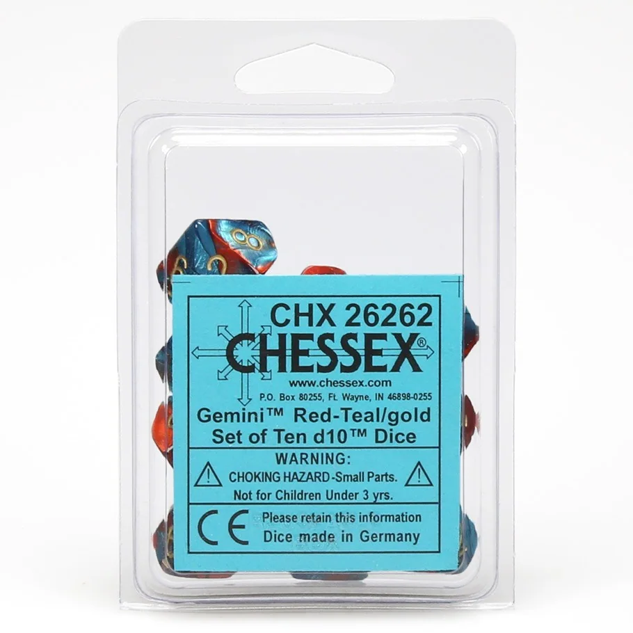 A clear plastic blister pack contains ten Gemini d10 dice in red, teal, and gold, with a blue label visible inside