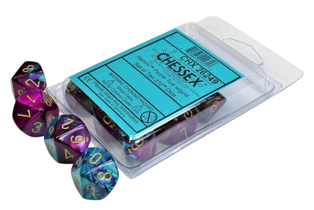 A Gemini d10 Dice 10-Piece Set with purple and teal marbled dice with gold numbers, some in a clear plastic package and some spilled out