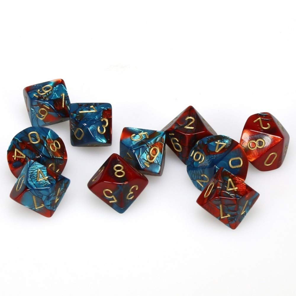 A collection of red and teal swirled polyhedral dice with gold numbers scattered on a white background