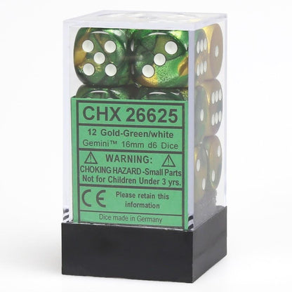 A transparent block containing twelve Chessex Gemini 16mm D6 dice in gold, green, and white with white pips and a green product label