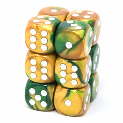 A twelve-piece Chessex Gemini 16mm D6 dice set in Gold/Green/White, arranged as a block showing their marbled patterns and white pips