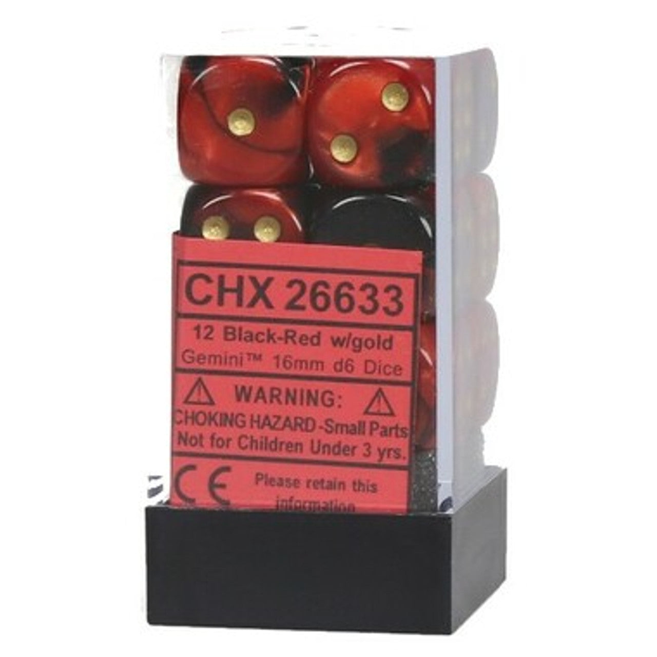 A clear plastic block holds twelve Chessex Gemini 16mm d6 dice in mottled black and red with gold pips, featuring a red label with product info on a black base