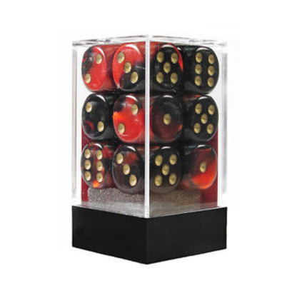 A Chessex Gemini 16mm D6 Dice Block 12-Piece Set featuring twelve black and red swirled dice with gold pips displayed upright in a clear plastic case with a black base