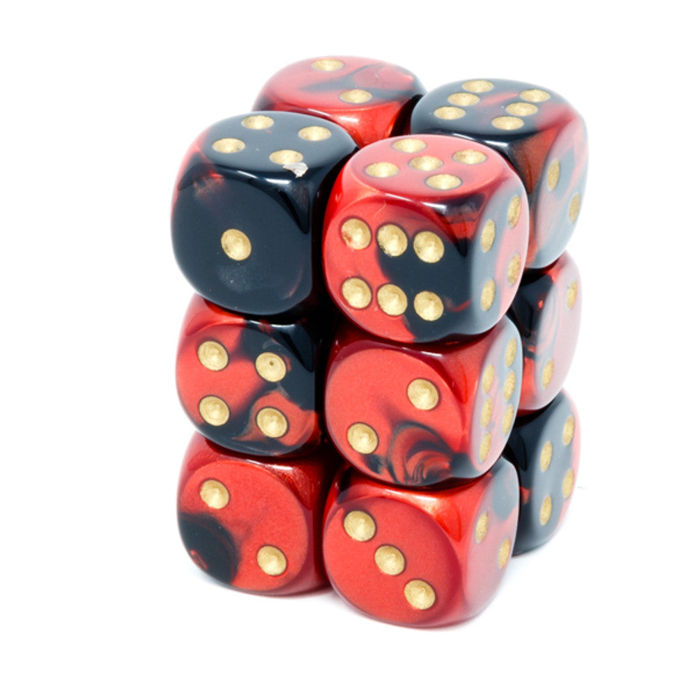 A block of twelve 16mm Chessex Gemini D6 dice in a black and red swirled pattern with gold pips on a white background