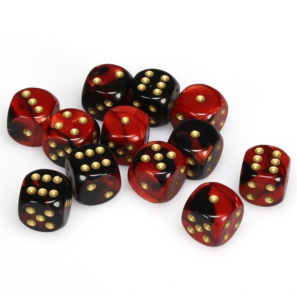 A close-up of twelve 16mm Chessex Gemini D6 dice, featuring black and red marbled patterns with bold gold pips, scattered on a white background
