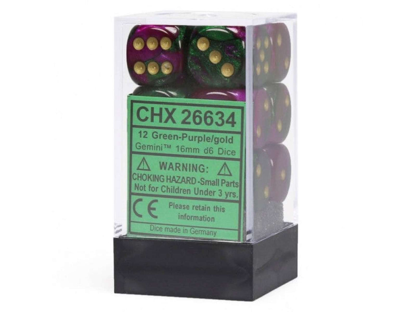 This image displays a Chessex Gemini 16mm D6 12-piece dice set featuring green, purple, and gold marbled dice inside a clear plastic block container with a prominent green label