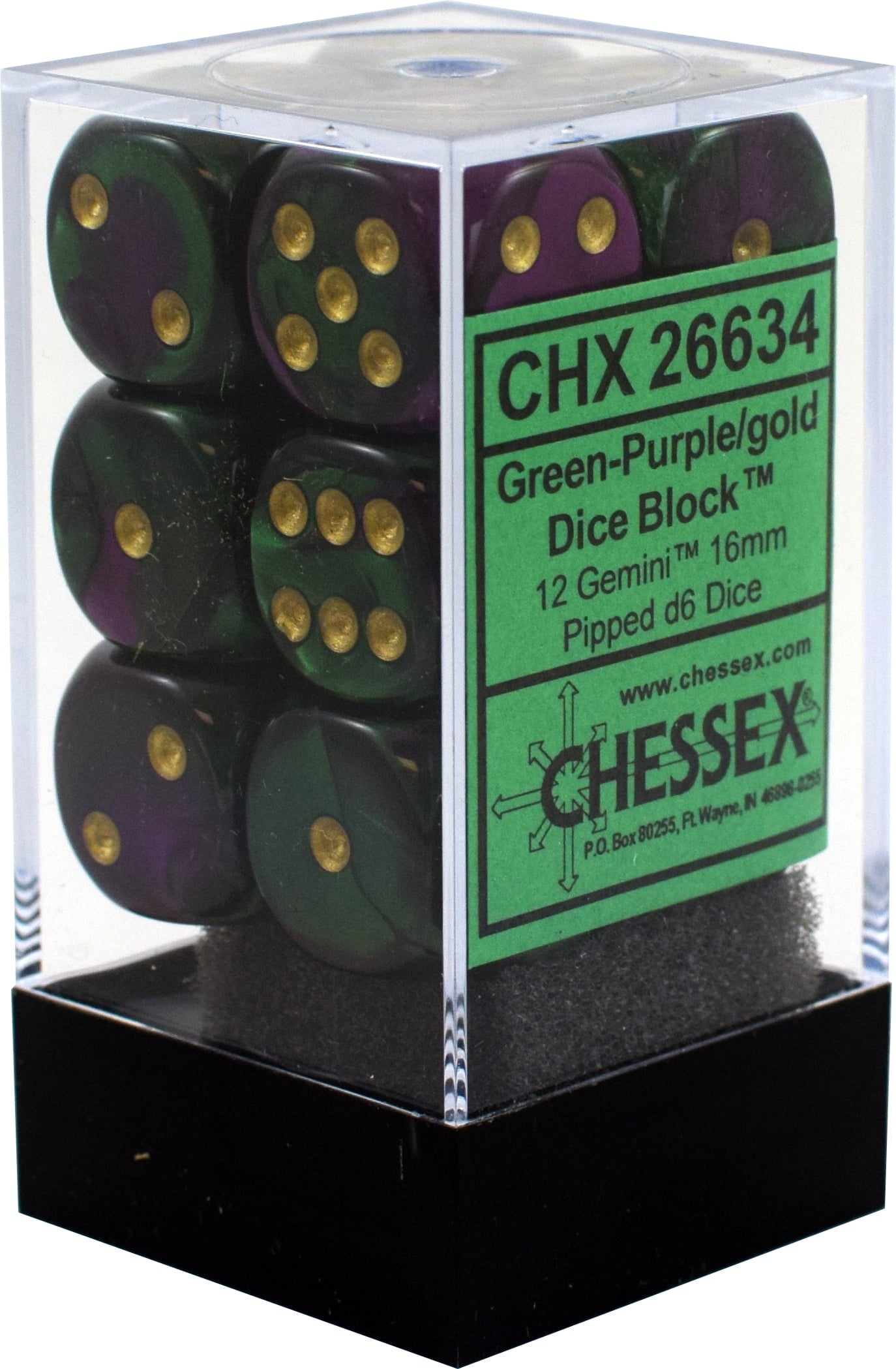 A clear plastic block holds twelve Chessex Gemini 16mm d6 dice in a green and purple swirl with gold pips, featuring a prominent green product label
