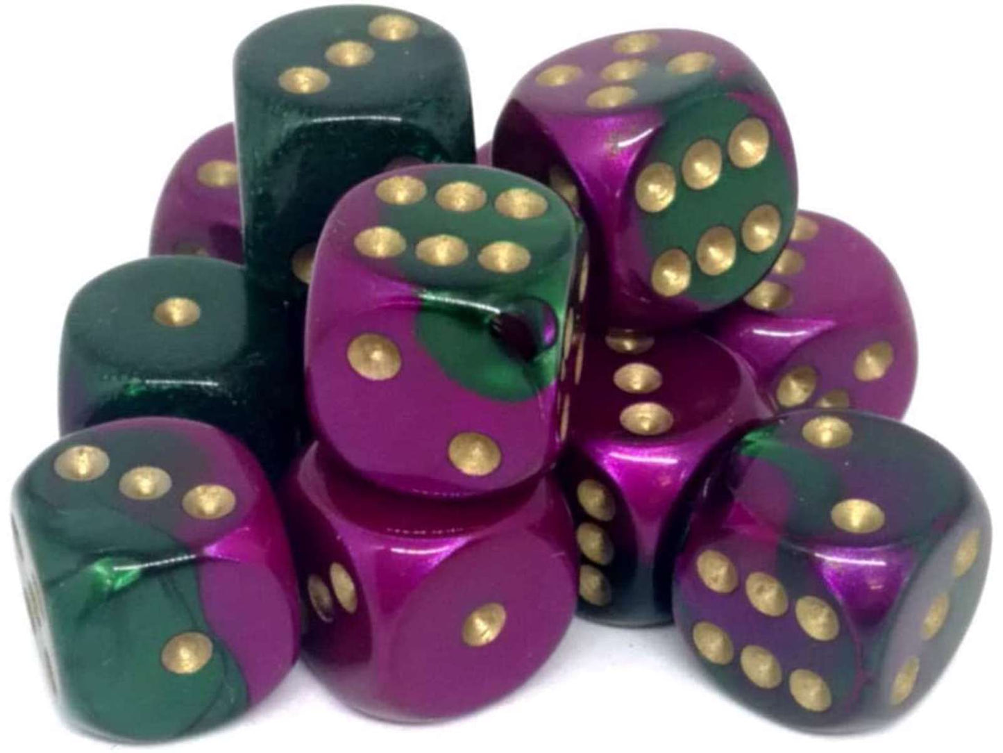 A scattered pile of twelve 16mm Chessex Gemini D6 dice, each showcasing a vibrant green and metallic purple swirled design with bright gold pips