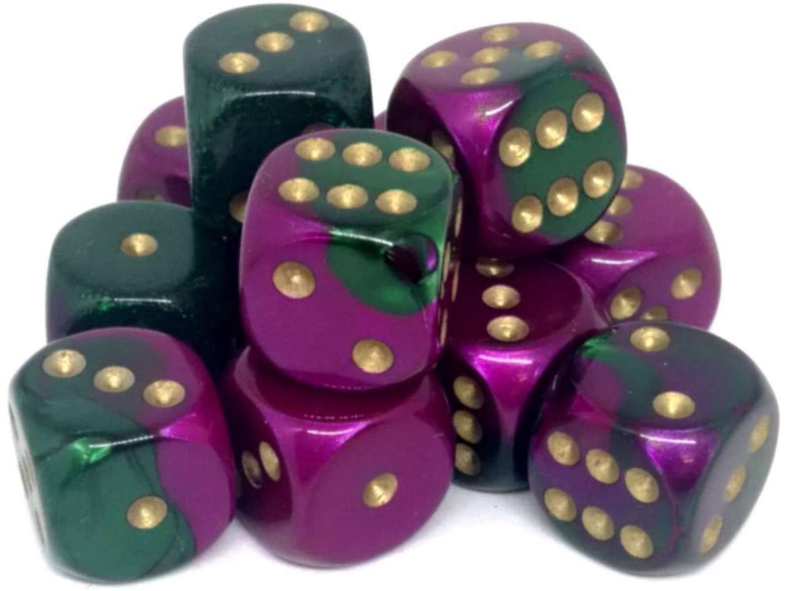 A scattered pile of twelve 16mm Chessex Gemini D6 dice, each showcasing a vibrant green and metallic purple swirled design with bright gold pips