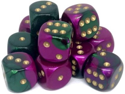 A scattered pile of twelve 16mm Chessex Gemini D6 dice, each showcasing a vibrant green and metallic purple swirled design with bright gold pips