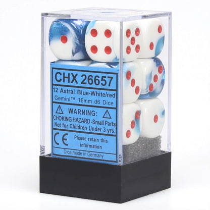 Chessex - Gemini 16mm D6 Dice Block 12-Piece Set - Astral Blue/White/Red - Good Games