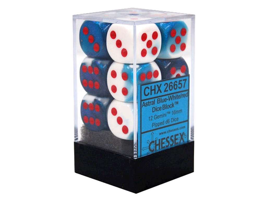 Chessex - Gemini 16mm D6 Dice Block 12-Piece Set - Astral Blue/White/Red - Good Games