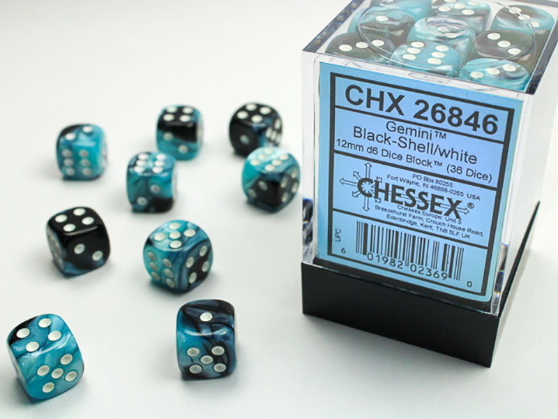 Chessix Gemini Black-Shell/White 12mm d6 dice block (36 dice) with several black and teal marbled dice scattered on a white surface