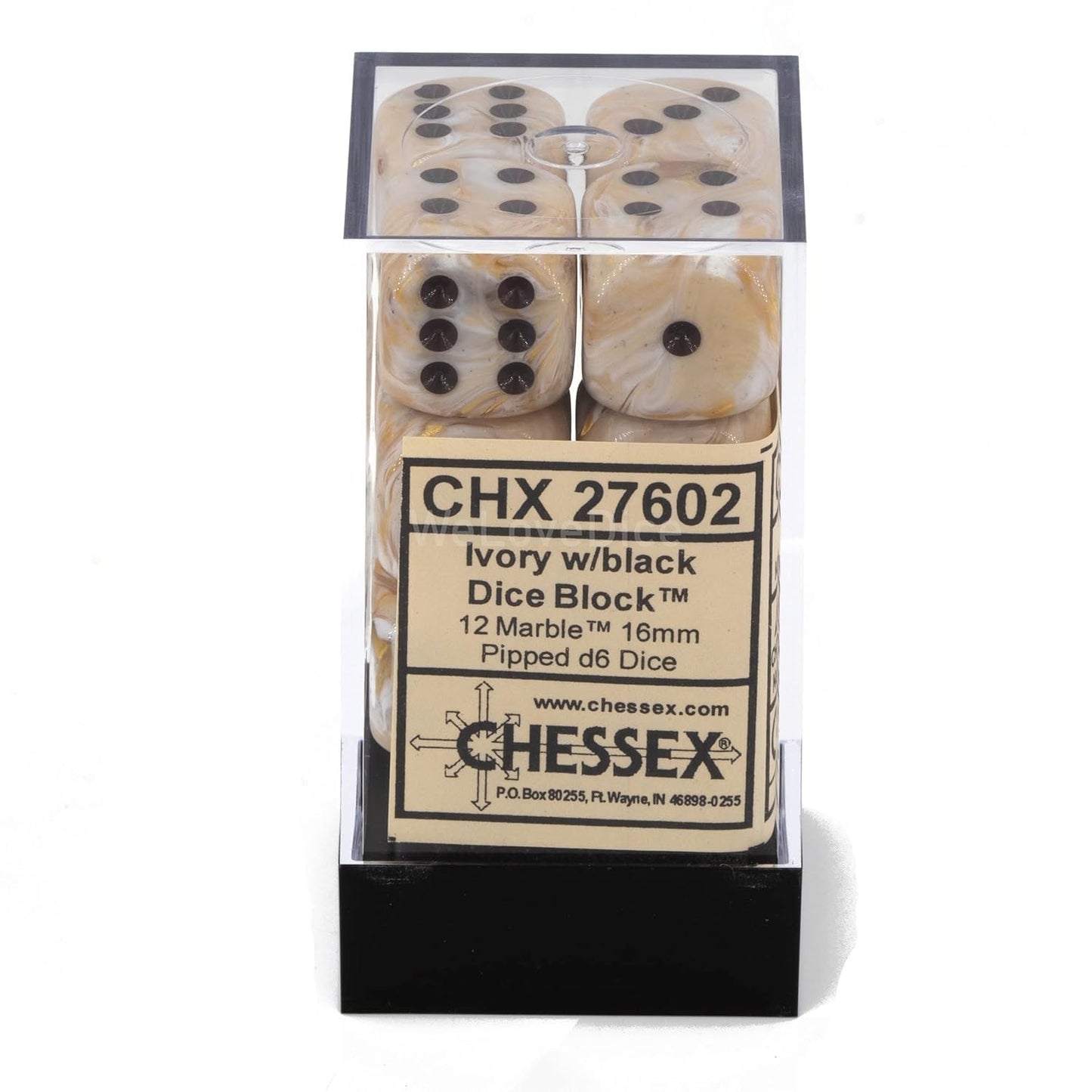 A Chessex Dice Block containing twelve 16mm ivory marble d6 dice with black pips is displayed in clear packaging on a white background