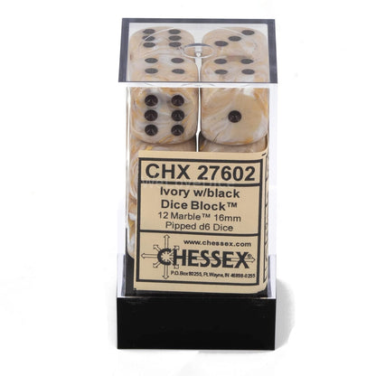 A Chessex Dice Block containing twelve 16mm ivory marble d6 dice with black pips is displayed in clear packaging on a white background