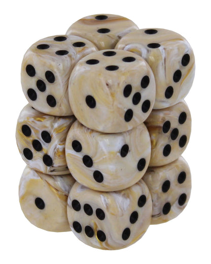 A solid block comprised of twelve 16mm six-sided dice featuring a swirling ivory and gold marble pattern contrasted by recessed black spots