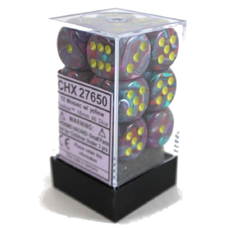 A clear plastic box containing twelve Chessex 16mm D6 dice, featuring a mosaic swirl of purple, blue, and red with bright yellow pips on a black base