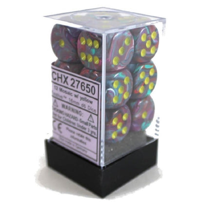 A clear plastic box containing twelve Chessex 16mm D6 dice, featuring a mosaic swirl of purple, blue, and red with bright yellow pips on a black base