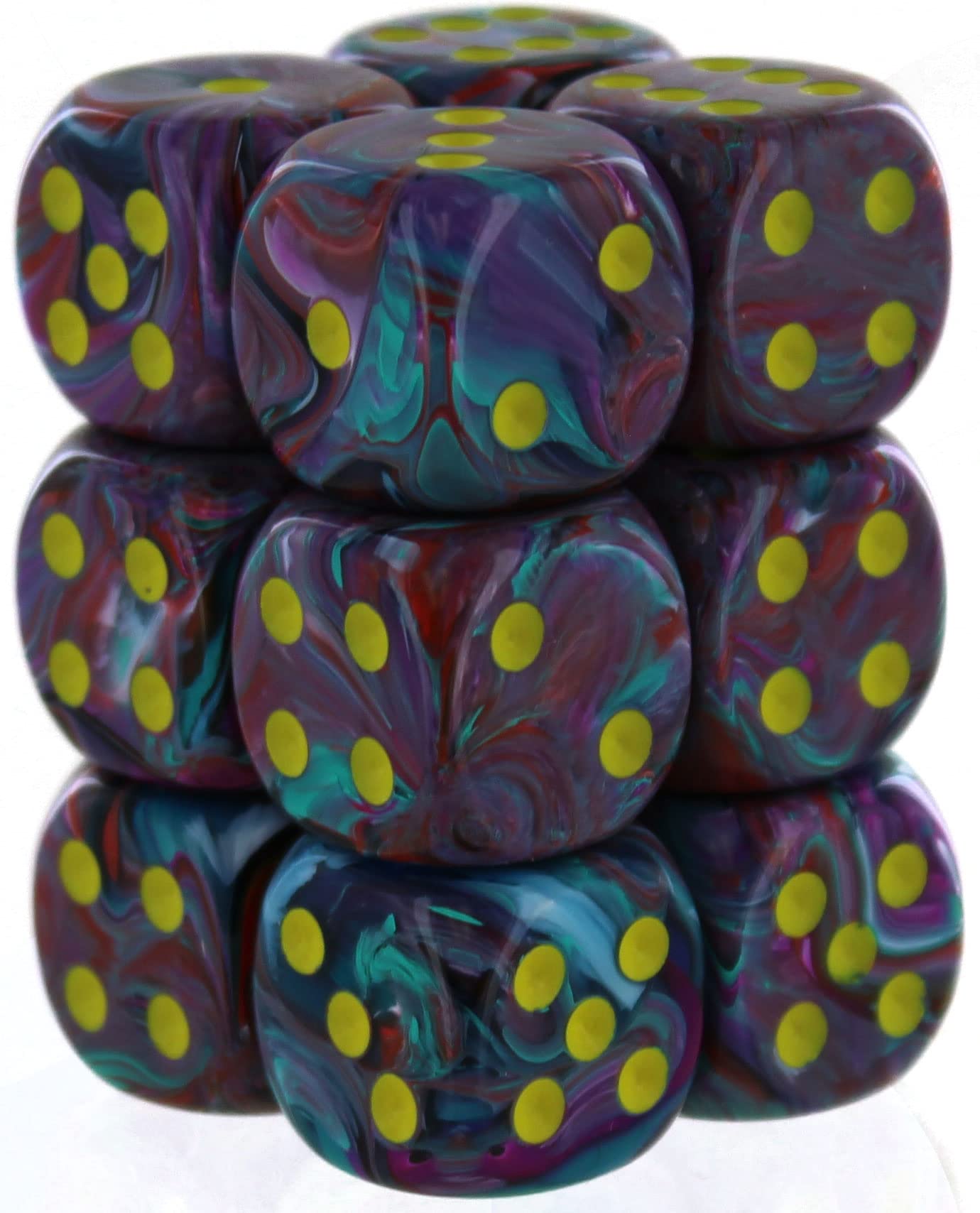 A close-up of a 12-piece Chessex Festive 16mm D6 dice set, featuring mosaic swirls of purple, teal, and red with bright yellow pips, arranged in a block formation