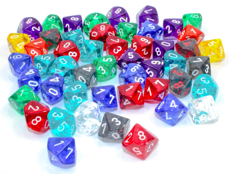 A vibrant pile of transparent, multi-colored polyhedral dice scattered on a white background