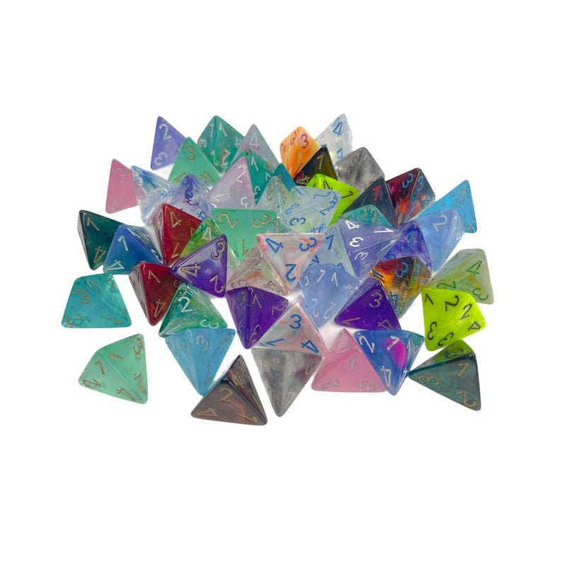 A large pile of colorful, pyramid-shaped dice (D4s) with numbers visible