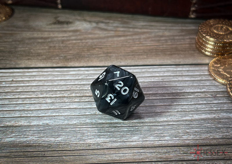 Black marbled d20 dice showing '20' on a wooden table, with gold coins and a dark, textured background