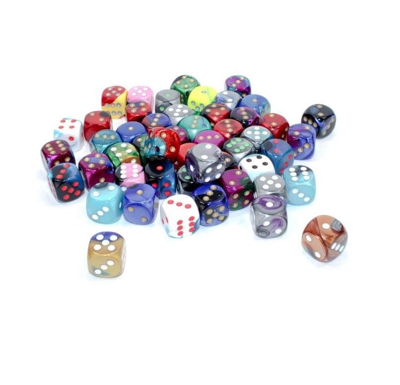 Many colorful and translucent dice are scattered across a white background