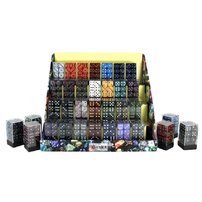 A large display stand holds numerous colorful speckled dice sets in small boxes with several more dice boxes around the base