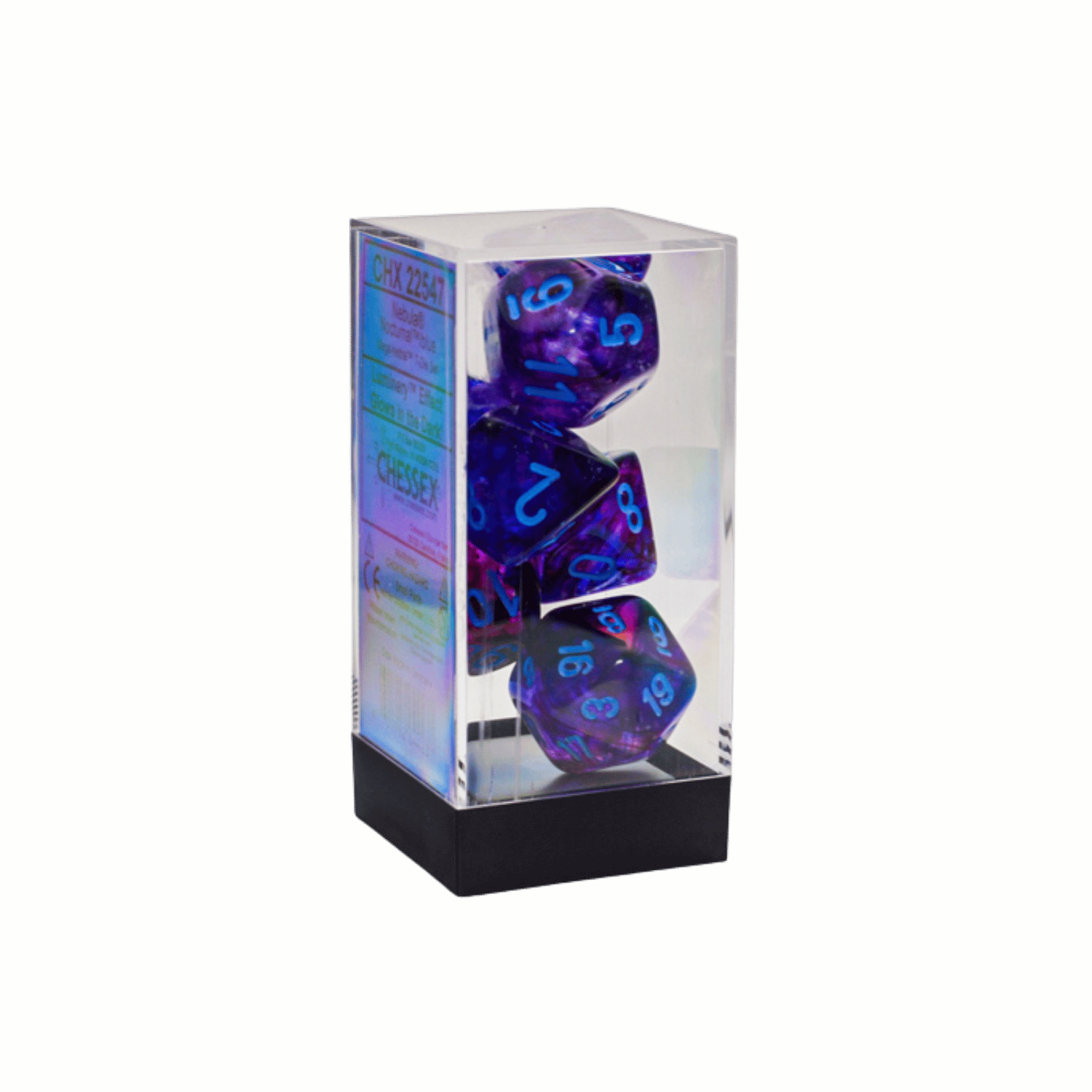 A clear plastic case holds a Chessex Nebula Nocturnalblue Luminary Mega-hedral 7-Die Set of purple dice with blue numbers