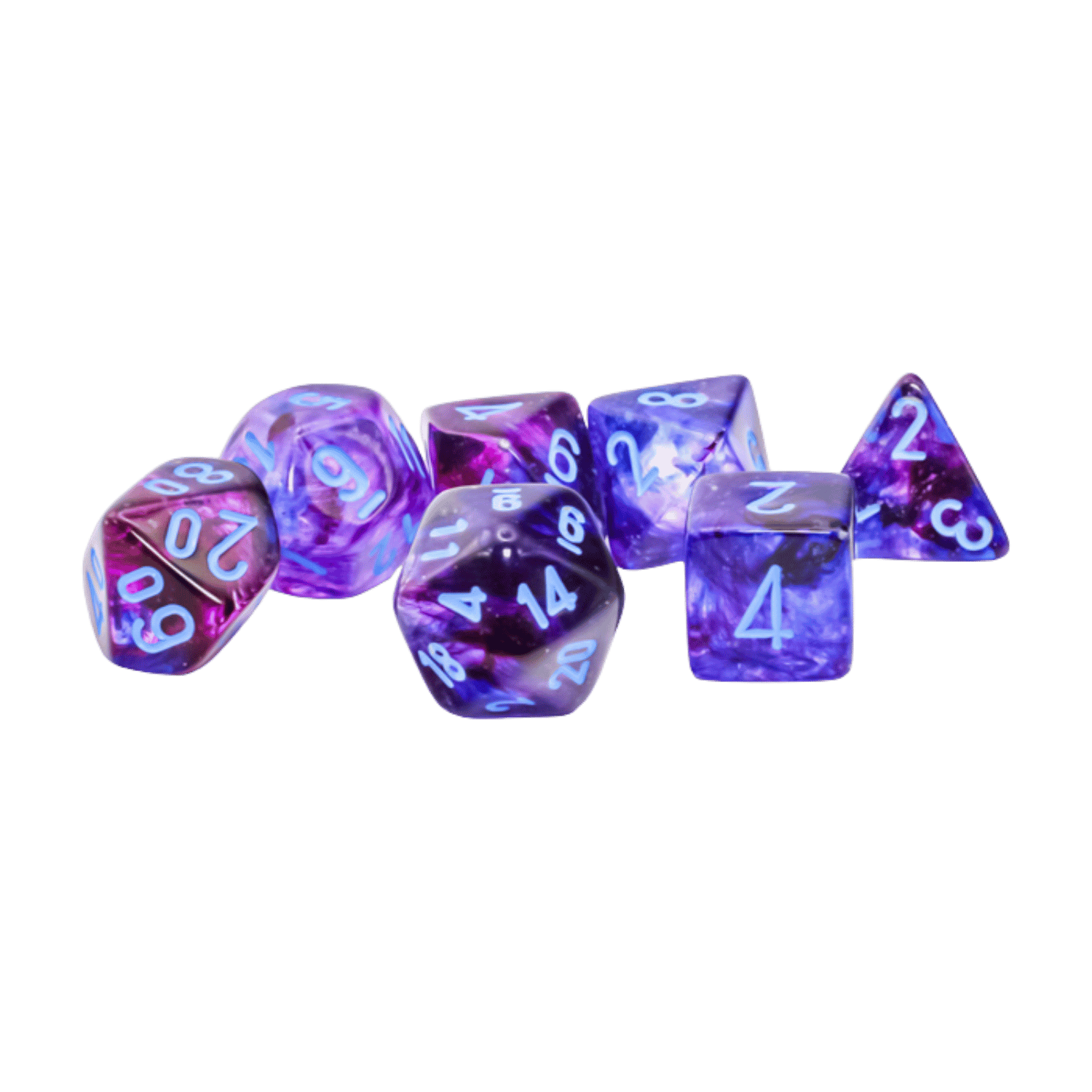 A set of seven Nebula Nocturnalblue Luminary polyhedral dice with glowing blue numbers scattered on a green background
