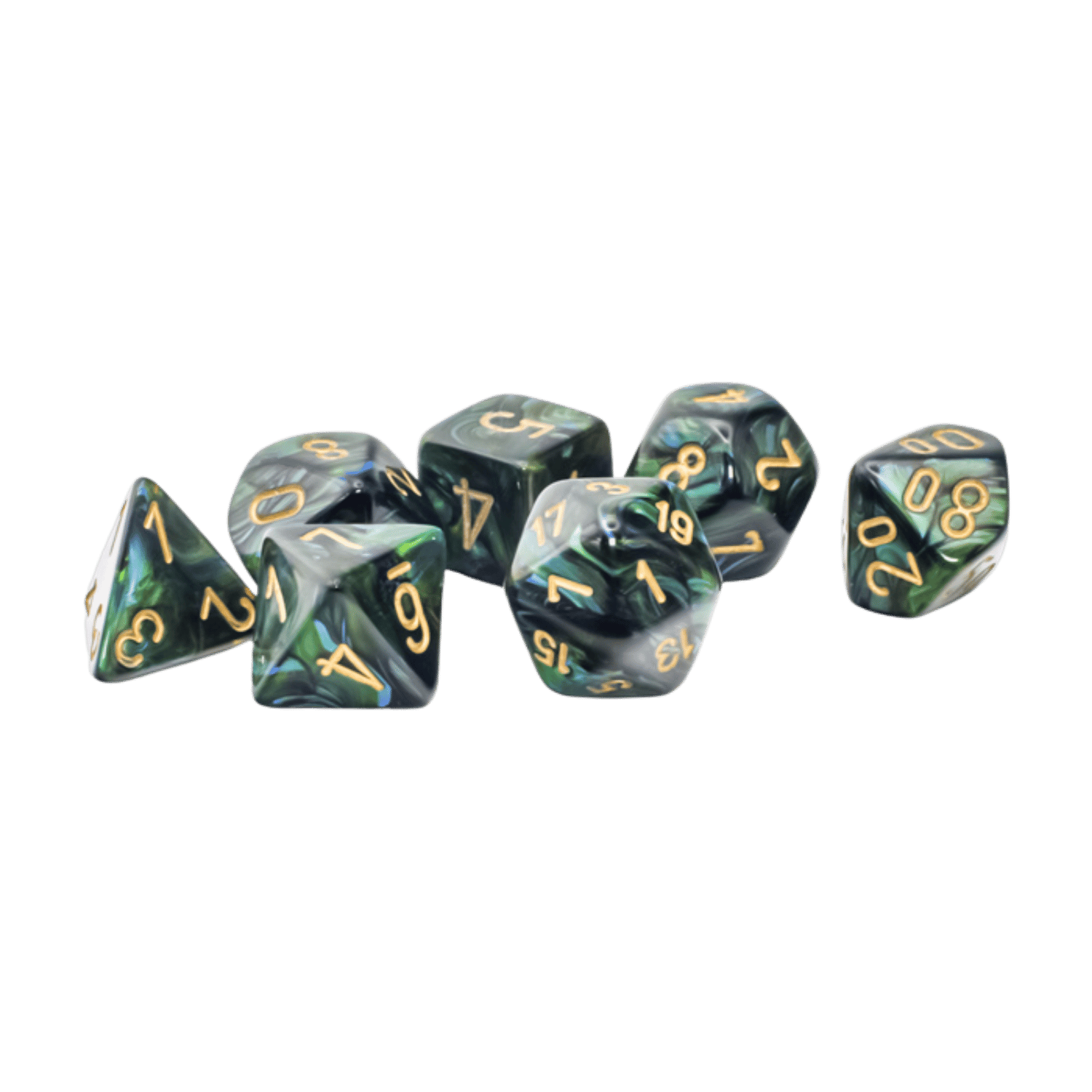 A set of seven dark green and black marbled polyhedral dice with gold numbers scattered on a dark green background