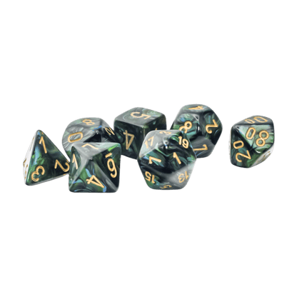 A set of seven dark green and black marbled polyhedral dice with gold numbers scattered on a dark green background