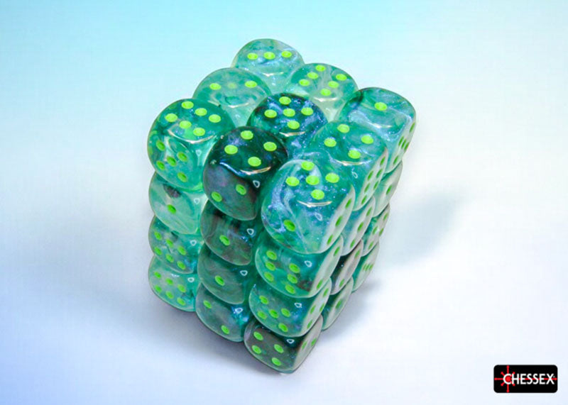 Cube of translucent green Chessex dice with bright green pips, on a light blue and white background