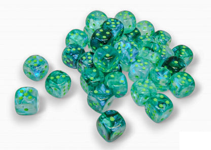 Many clear green gaming dice with neon green dots, scattered on a white surface