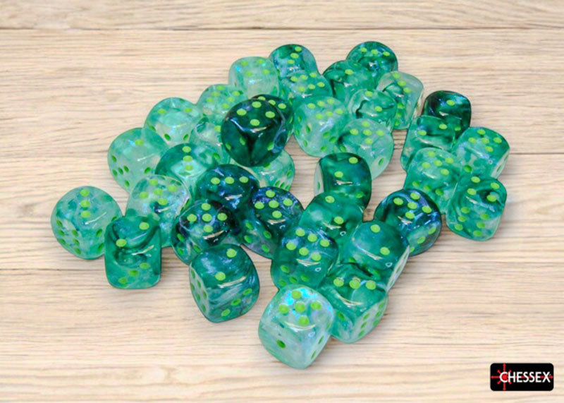 Numerous translucent green dice with vibrant green pips scattered on a pale wooden table