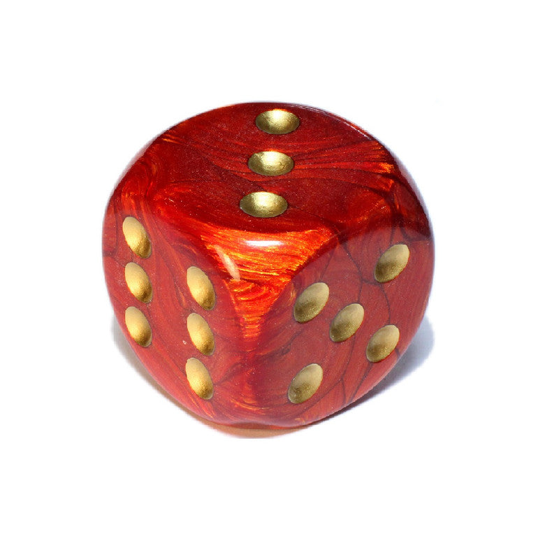 Scarlet and Gold die showing 6, 3 and 5 faces with gold pips visible, on a white background