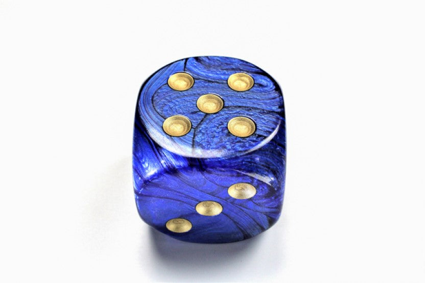 Royal Blue and Gold die showing 5 and 3 faces with gold pips visible, on a white background