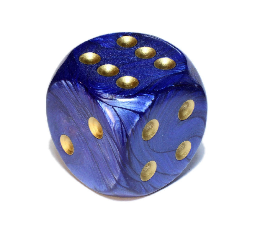 Royal Blue and Gold die showing 2, 6 and 4 faces with gold pips visible, on a white background