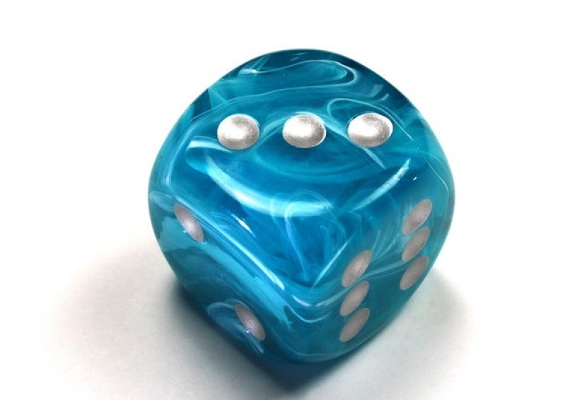 Aqua and Silver die showing 2, 3 and 5 faces with silver pips visible, on a white background