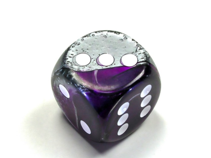 Purple Steel and White die showing 2, 3 and 6 faces with white pips visible, on a white background