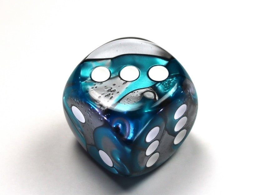 Steel Teal and White die showing 2, 3 and 6 faces with white pips visible, on a white background