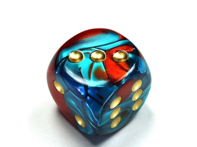Red Teal and Gold die showing 2, 3 and 6 faces with gold pips visible, on a white background