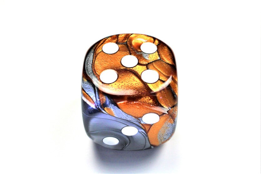 Copper Steel and White die showing 5 and 3 faces with white pips visible, on a white background